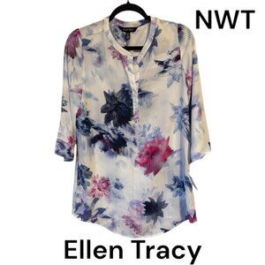 Ellen Tracy Floral Blouse - White, Pink, Blue